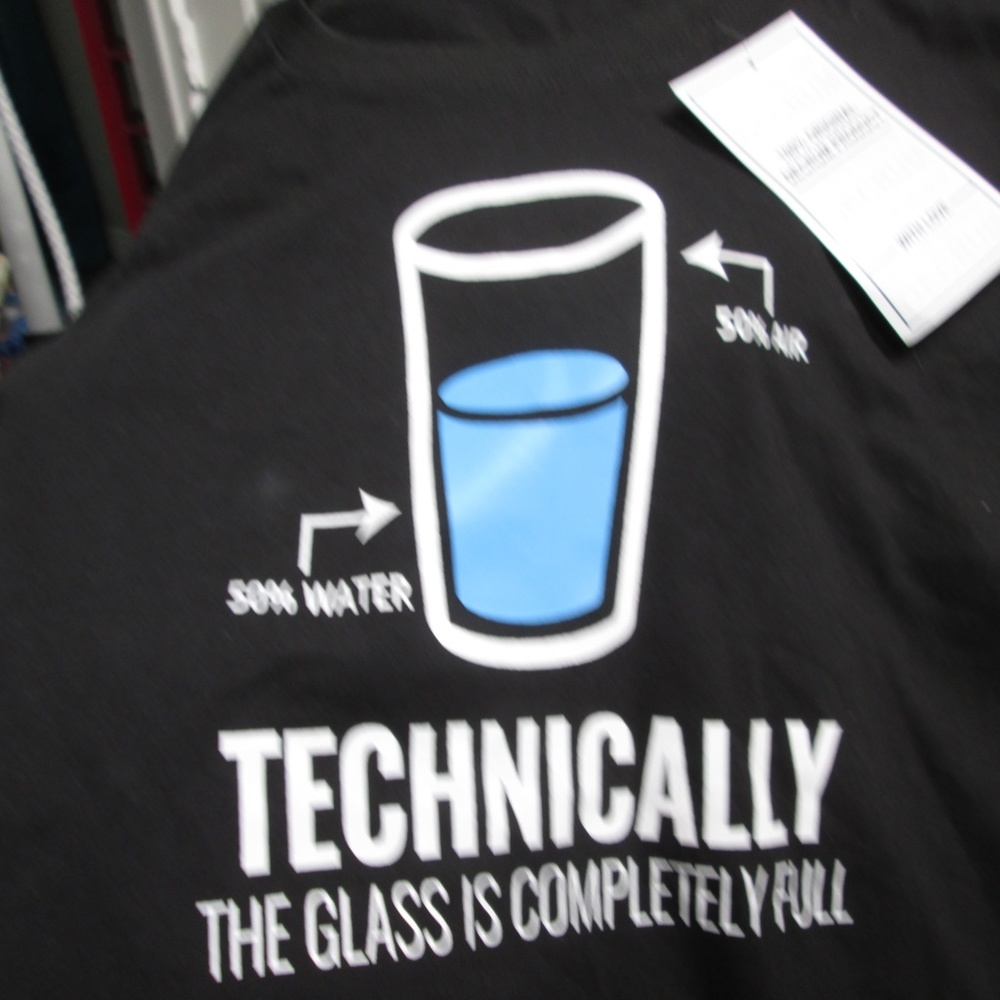 new BLACK Men's shirt "Technically The Glass is Completely Full by Decrum Sz XL